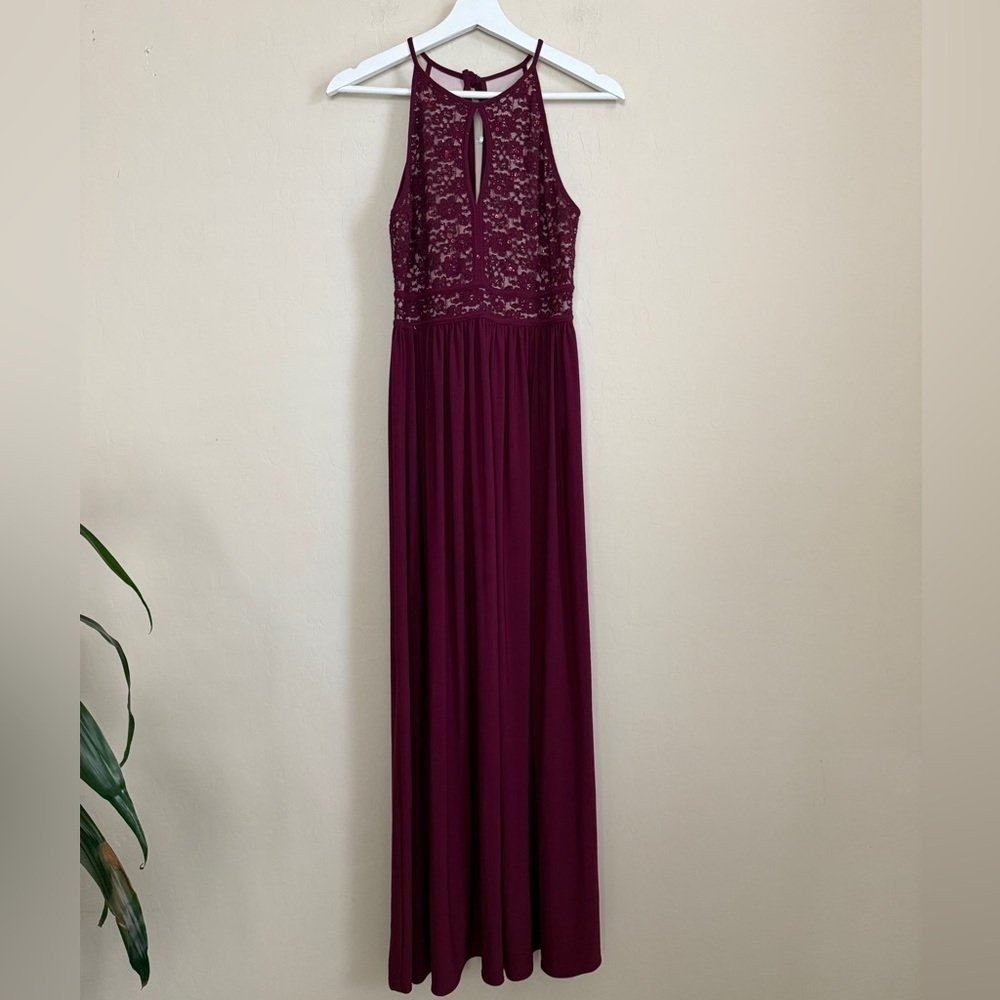 Nightway Burgundy Formal Gown Lace Flowy Bridesmaid Wedding Prom Women’s 8P